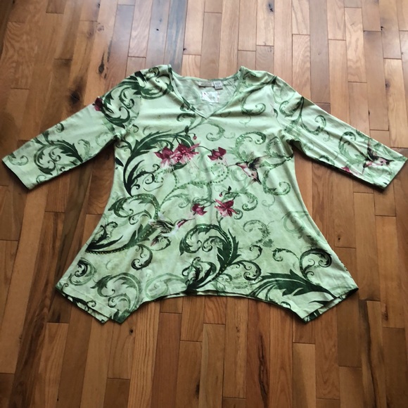 NEW WOMENS COLLECTIONS ETC. GREEN FLORAL TUNIC WITH HUMMINGBIRDS SEQUINS SIZE L - Picture 7 of 7